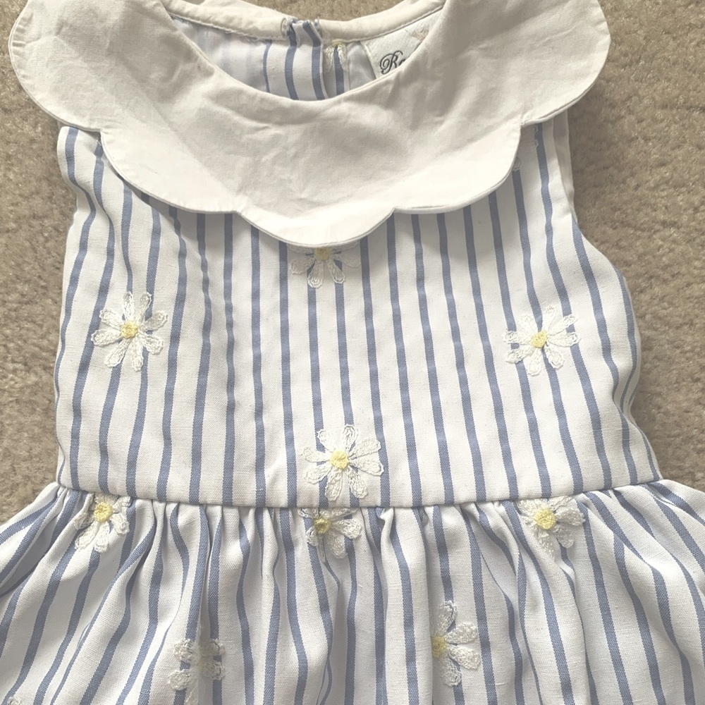 Rare Editions Blue & White Striped Dress With Embroidered Daisies - Picture 3 of 12